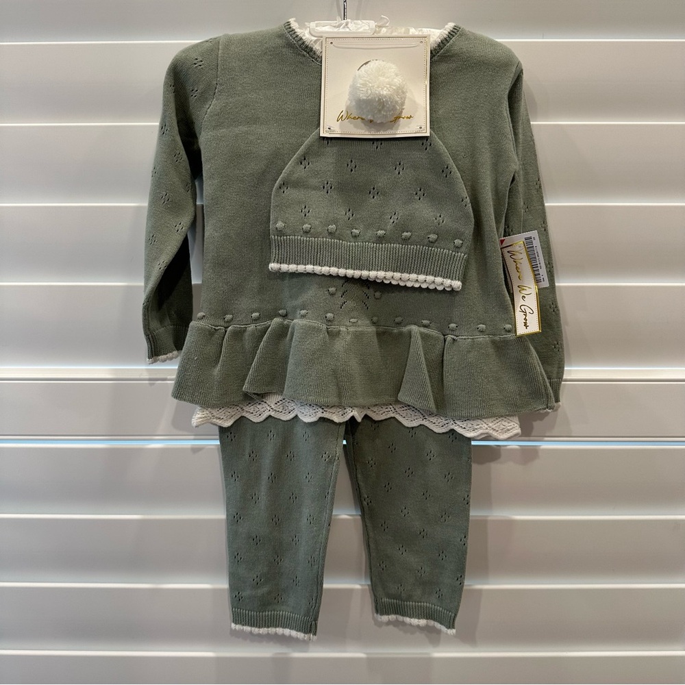 Baby girl sage green 3 piece knit Baby Outfit with Hat